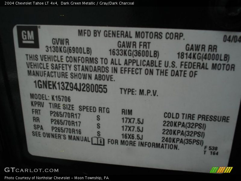 Dark Green Metallic / Gray/Dark Charcoal 2004 Chevrolet Tahoe LT 4x4