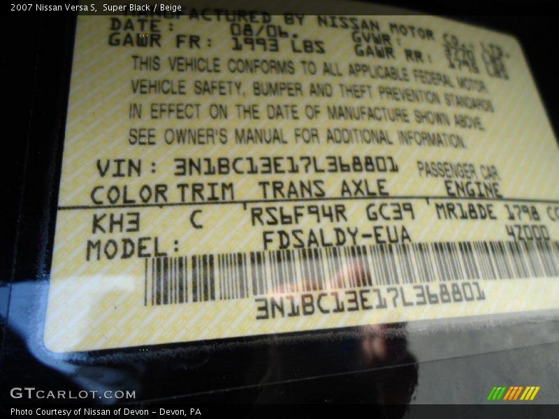 Super Black / Beige 2007 Nissan Versa S