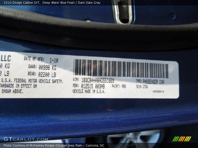 2010 Caliber SXT Deep Water Blue Pearl Color Code PBS