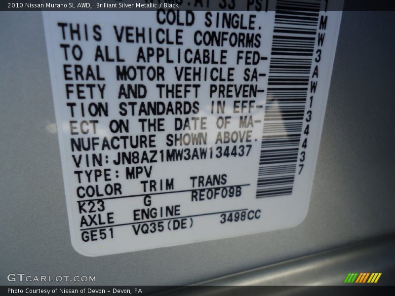 Brilliant Silver Metallic / Black 2010 Nissan Murano SL AWD