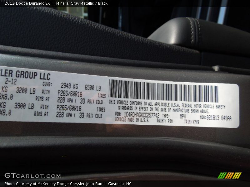 Mineral Gray Metallic / Black 2012 Dodge Durango SXT