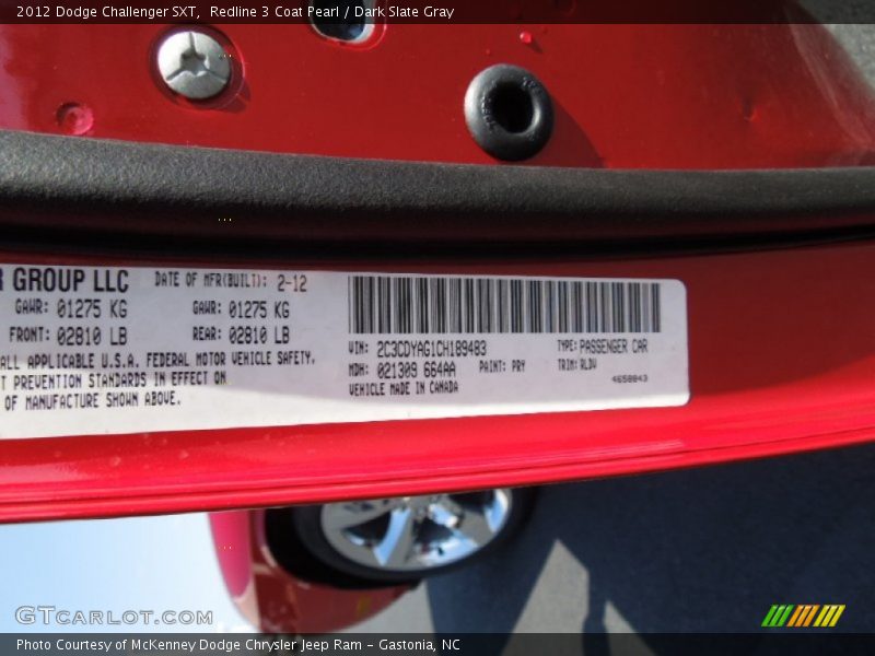 2012 Challenger SXT Redline 3 Coat Pearl Color Code PRY