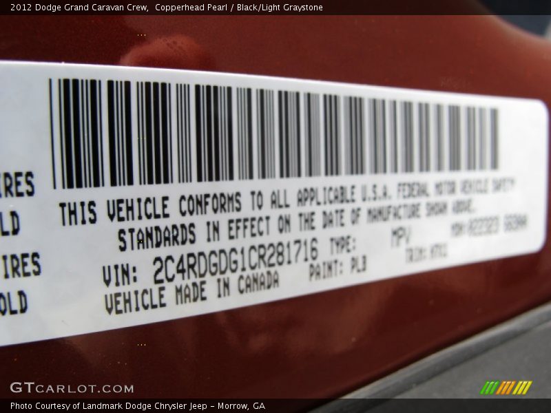 Copperhead Pearl / Black/Light Graystone 2012 Dodge Grand Caravan Crew