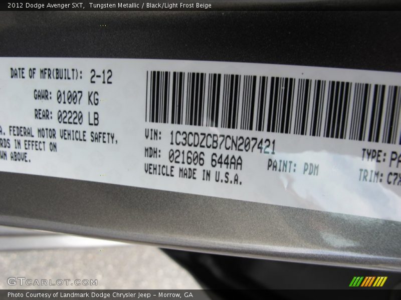 Tungsten Metallic / Black/Light Frost Beige 2012 Dodge Avenger SXT