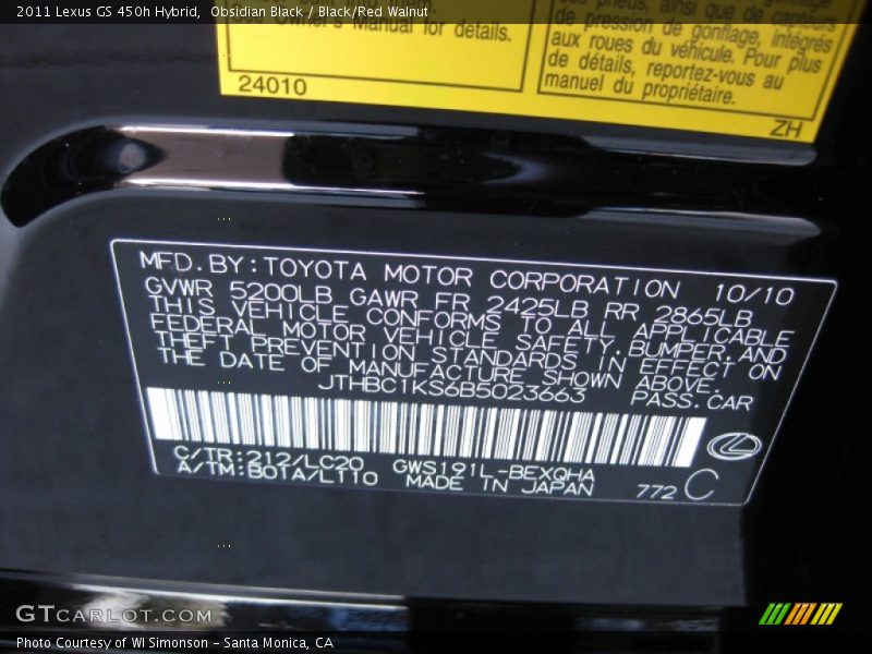 2011 GS 450h Hybrid Obsidian Black Color Code 212