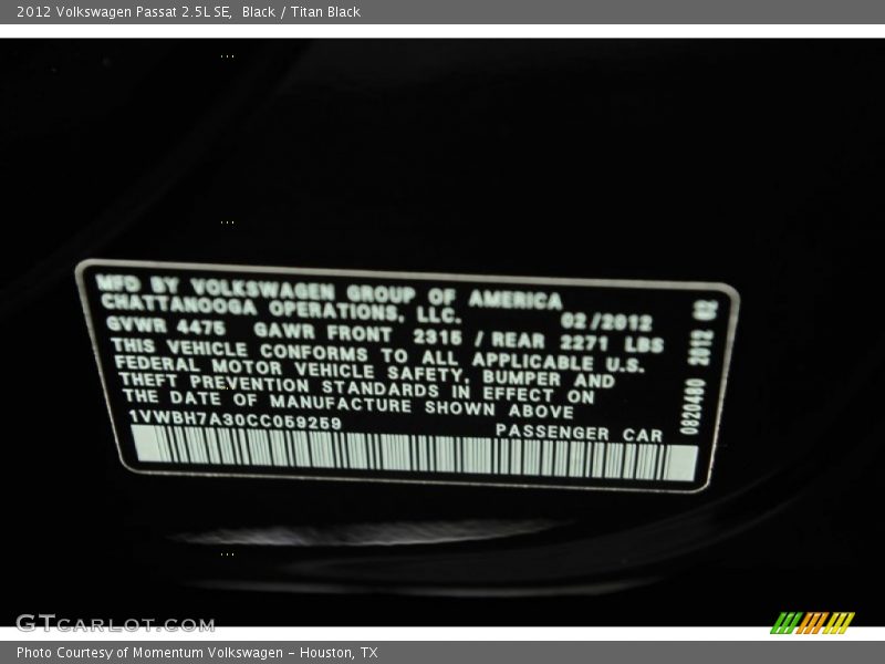 Black / Titan Black 2012 Volkswagen Passat 2.5L SE