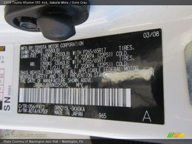 2008 4Runner SR5 4x4 Natural White Color Code 056