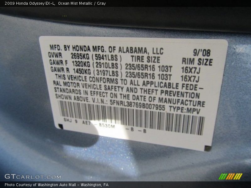 2009 Odyssey EX-L Ocean Mist Metallic Color Code B530M