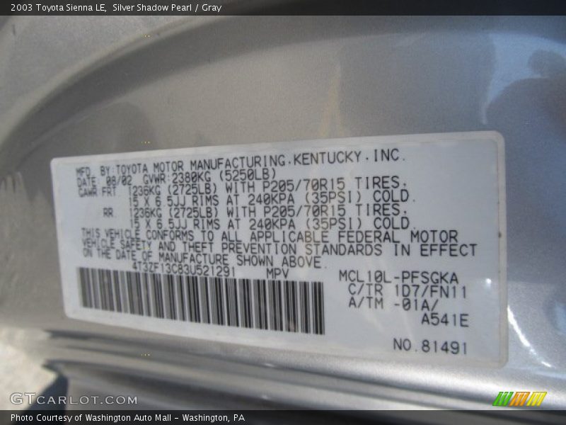 Silver Shadow Pearl / Gray 2003 Toyota Sienna LE