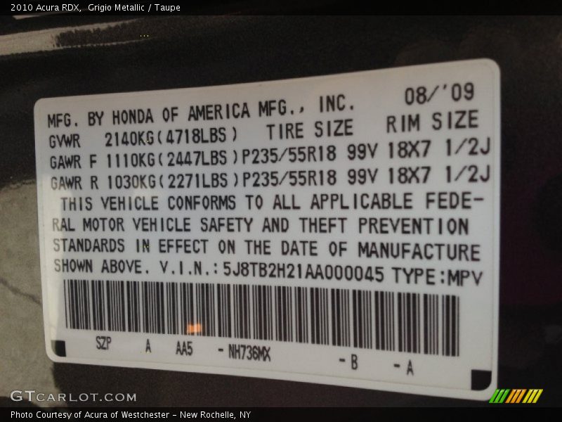 2010 RDX  Grigio Metallic Color Code NH736MX