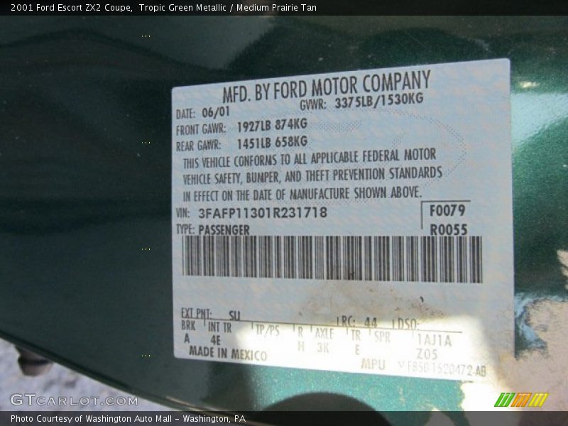 Tropic Green Metallic / Medium Prairie Tan 2001 Ford Escort ZX2 Coupe