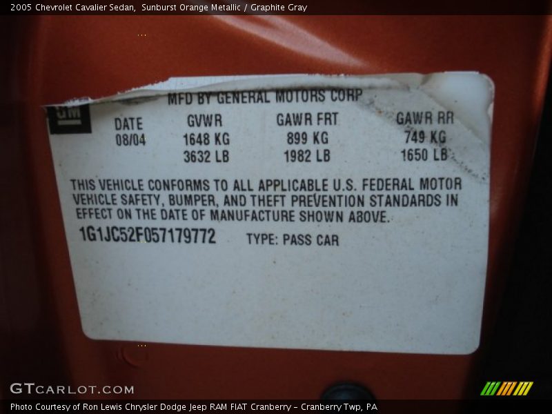 Sunburst Orange Metallic / Graphite Gray 2005 Chevrolet Cavalier Sedan