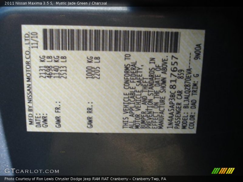 2011 Maxima 3.5 S Mystic Jade Green Color Code DAD