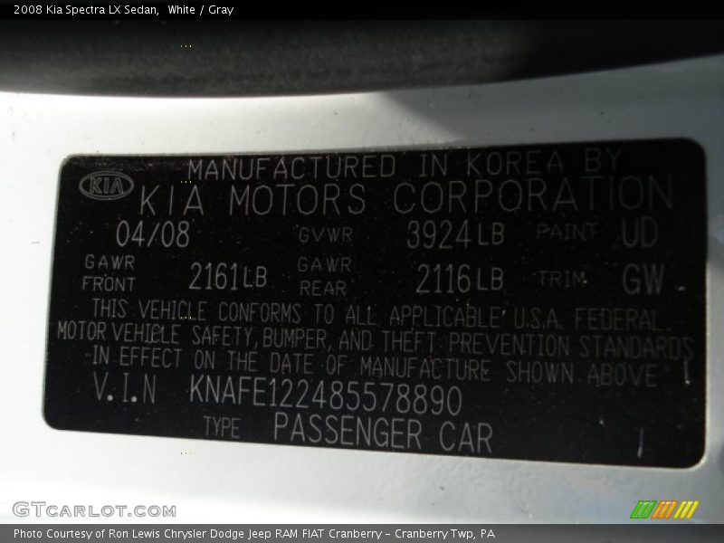 White / Gray 2008 Kia Spectra LX Sedan