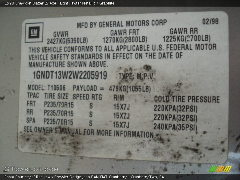 Light Pewter Metallic / Graphite 1998 Chevrolet Blazer LS 4x4