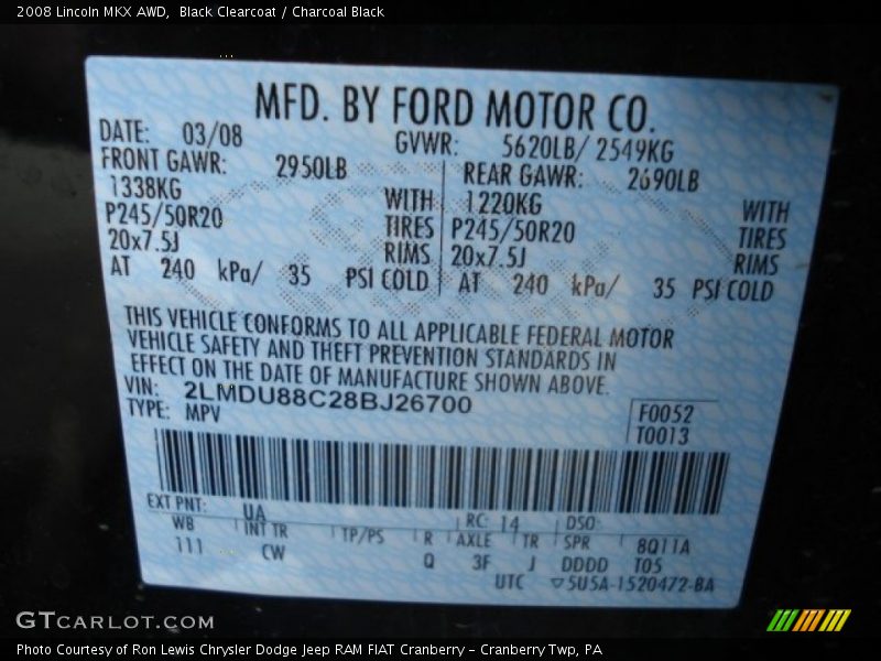 2008 MKX AWD Black Clearcoat Color Code UA
