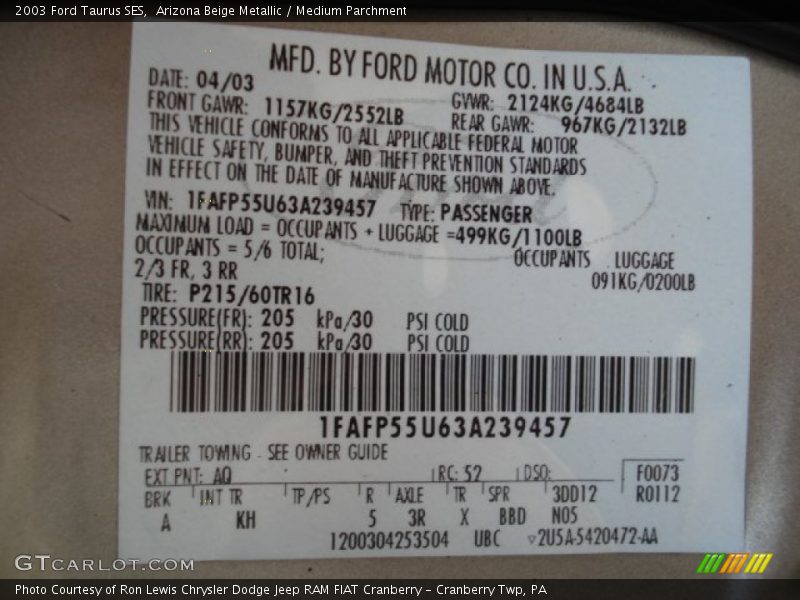 Arizona Beige Metallic / Medium Parchment 2003 Ford Taurus SES