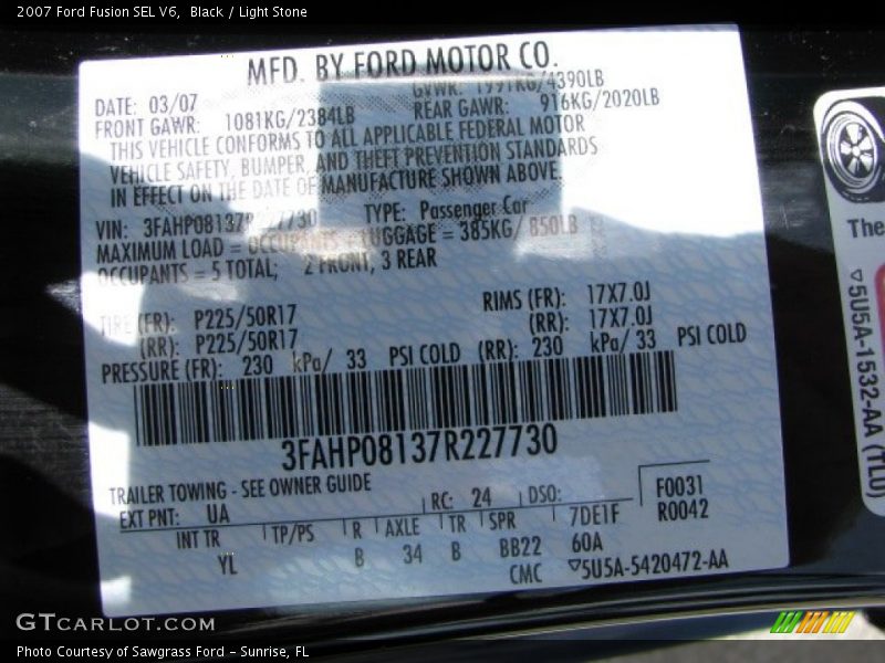 2007 Fusion SEL V6 Black Color Code UA