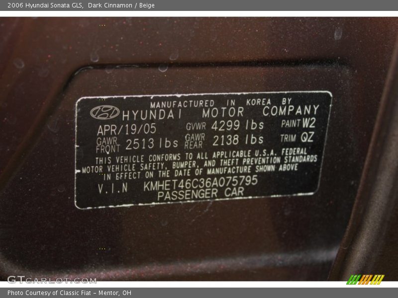 2006 Sonata GLS Dark Cinnamon Color Code W2