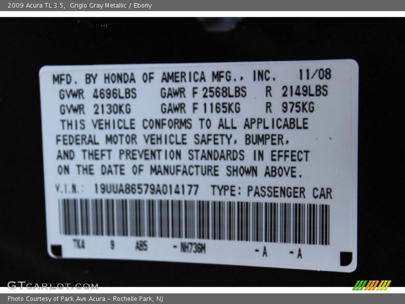 2009 TL 3.5 Grigio Gray Metallic Color Code NH736M