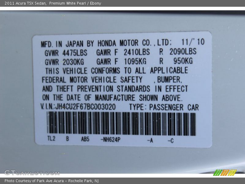 2011 TSX Sedan Premium White Pearl Color Code NH624P