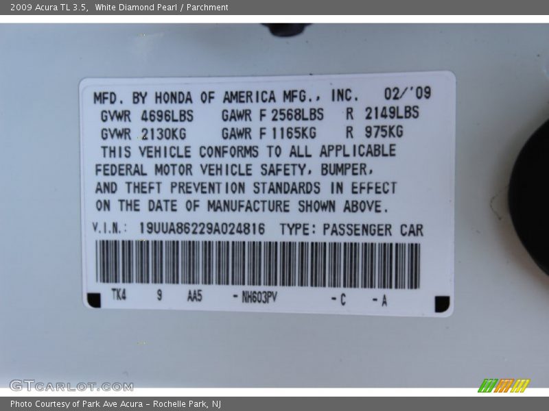 2009 TL 3.5 White Diamond Pearl Color Code NH603PV