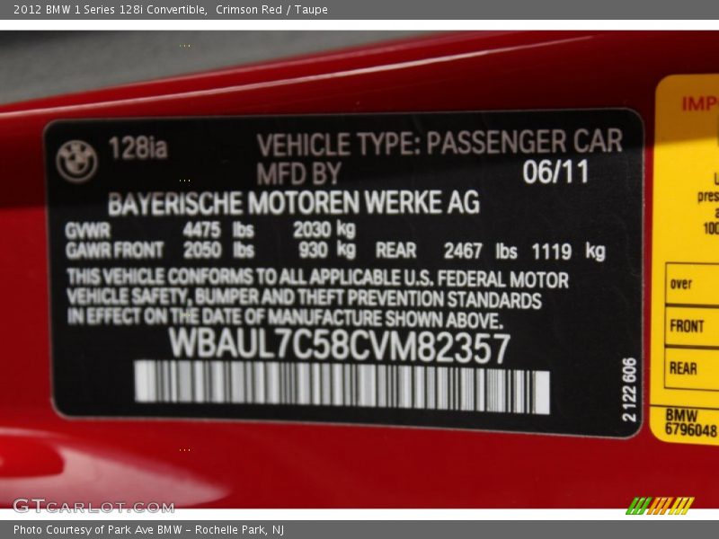 Crimson Red / Taupe 2012 BMW 1 Series 128i Convertible