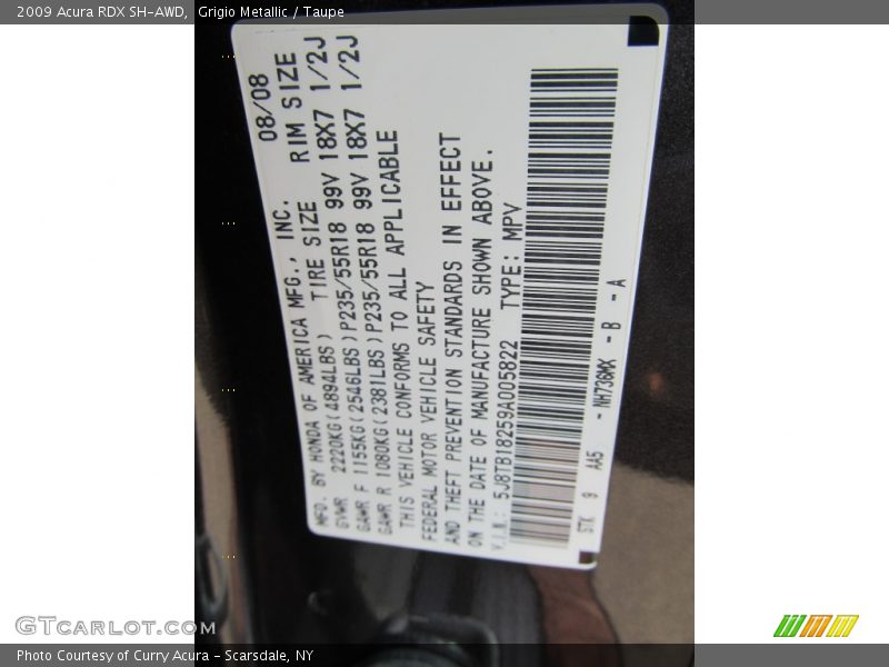 2009 RDX SH-AWD Grigio Metallic Color Code NH736MX