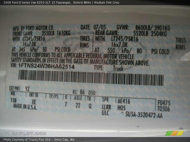 2006 E Series Van E350 XLT 15 Passenger Oxford White Color Code YZ