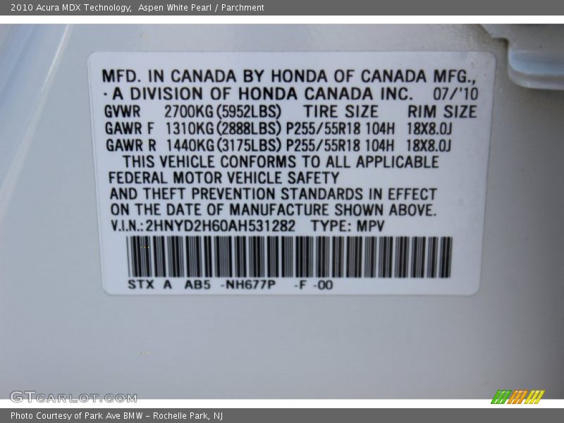 Aspen White Pearl / Parchment 2010 Acura MDX Technology