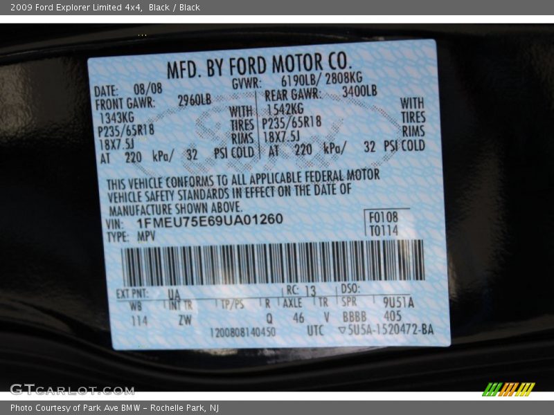 2009 Explorer Limited 4x4 Black Color Code UA