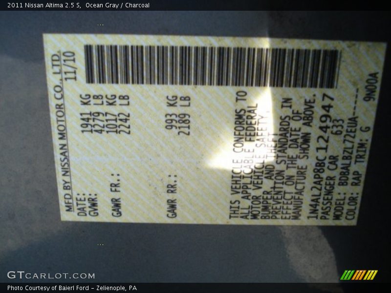 2011 Altima 2.5 S Ocean Gray Color Code RAP