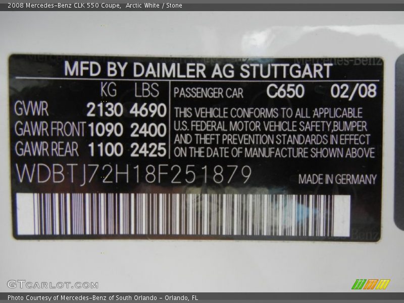 2008 CLK 550 Coupe Arctic White Color Code 650