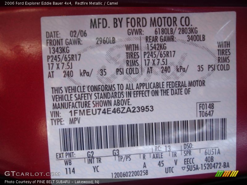 2006 Explorer Eddie Bauer 4x4 Redfire Metallic Color Code G2