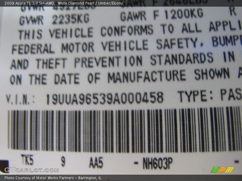 2009 TL 3.7 SH-AWD White Diamond Pearl Color Code NH603P