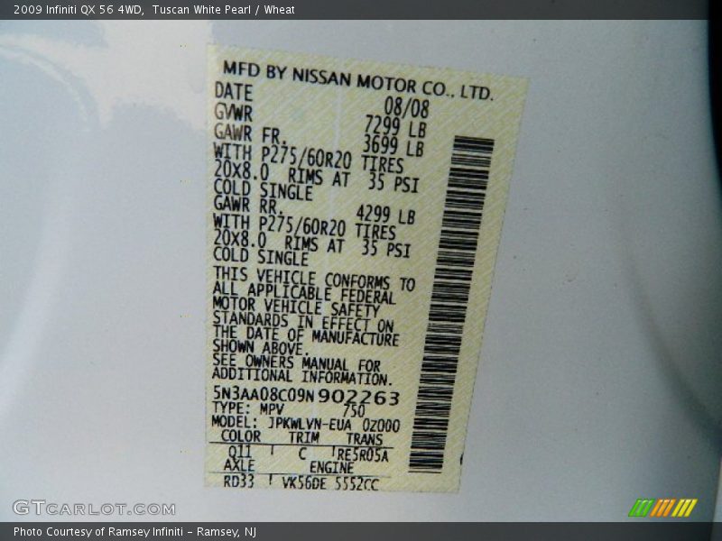 2009 QX 56 4WD Tuscan White Pearl Color Code Q11