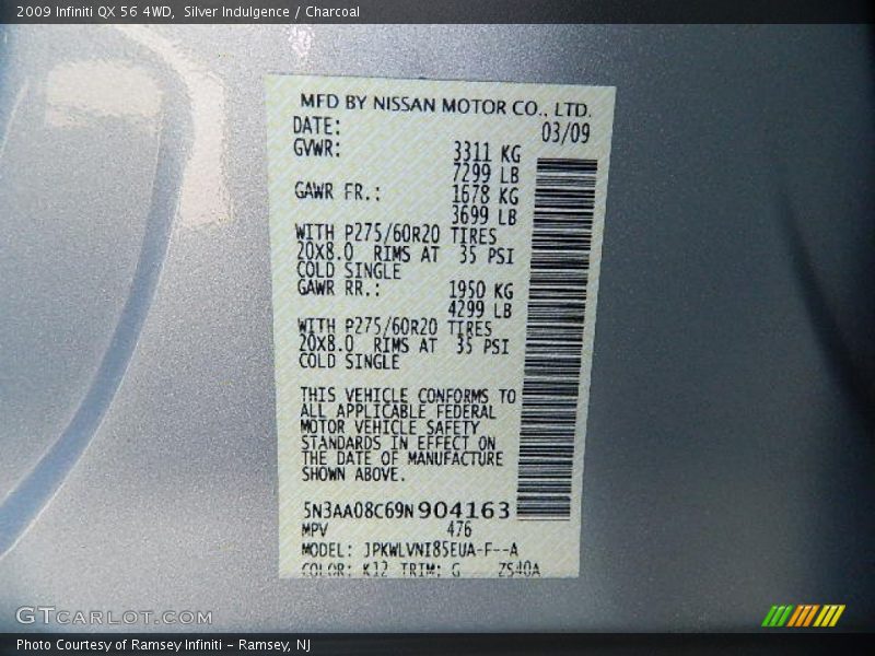 2009 QX 56 4WD Silver Indulgence Color Code K12