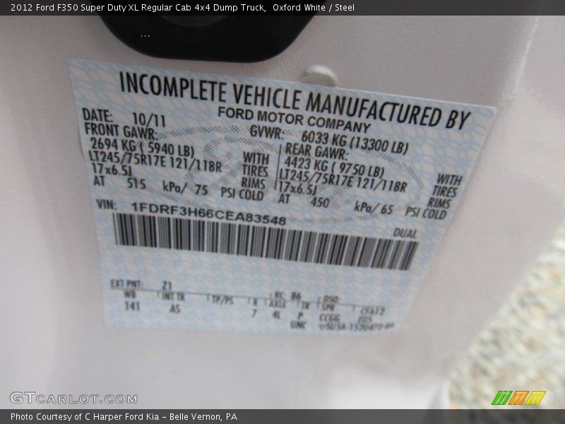 2012 F350 Super Duty XL Regular Cab 4x4 Dump Truck Oxford White Color Code Z1