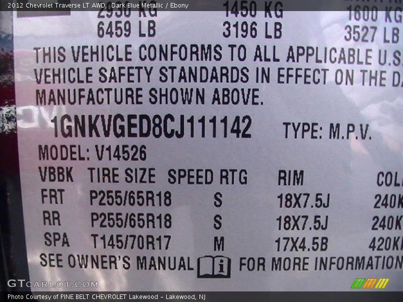 Dark Blue Metallic / Ebony 2012 Chevrolet Traverse LT AWD