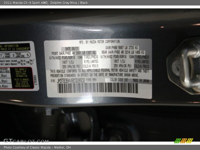 2011 CX-9 Sport AWD Dolphin Gray Mica Color Code 39T
