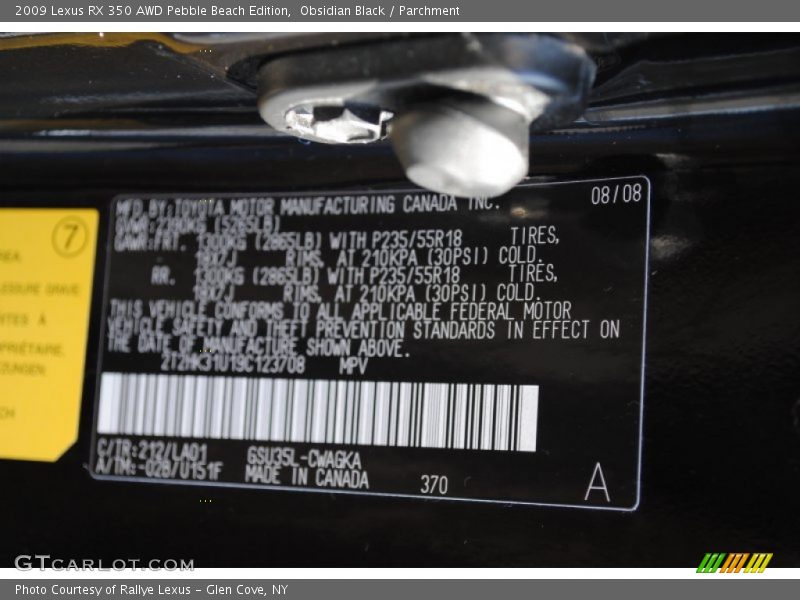 2009 RX 350 AWD Pebble Beach Edition Obsidian Black Color Code 212
