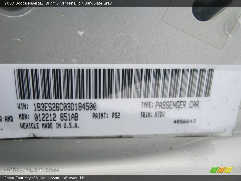 2003 Neon SE Bright Silver Metallic Color Code PS2