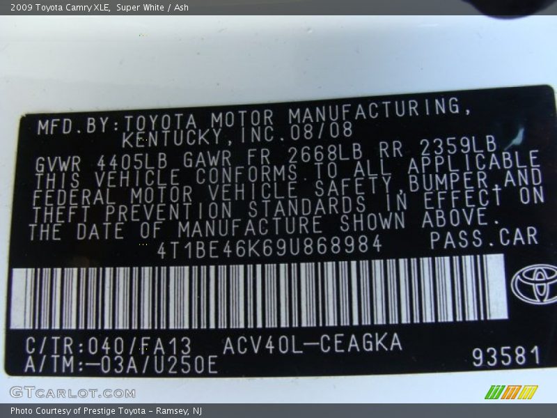 Super White / Ash 2009 Toyota Camry XLE