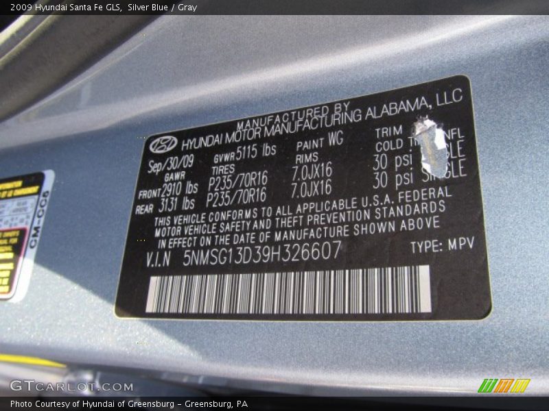 Silver Blue / Gray 2009 Hyundai Santa Fe GLS