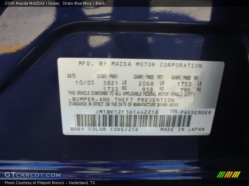 2006 MAZDA3 i Sedan Strato Blue Mica Color Code 25E