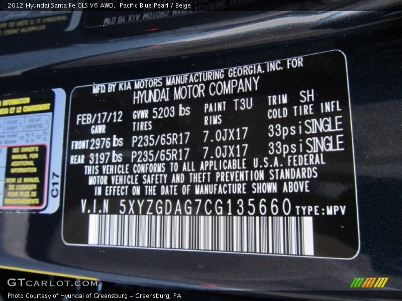 2012 Santa Fe GLS V6 AWD Pacific Blue Pearl Color Code T3U