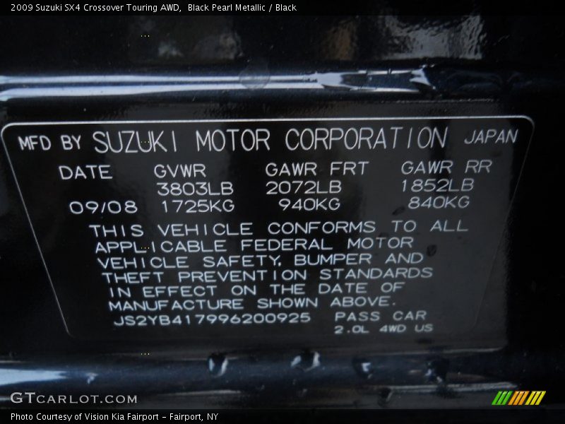 Black Pearl Metallic / Black 2009 Suzuki SX4 Crossover Touring AWD