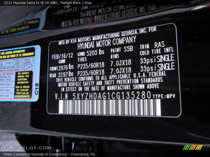 2012 Santa Fe SE V6 AWD Twilight Black Color Code S5B