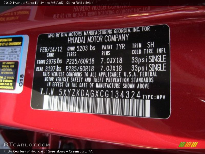 2012 Santa Fe Limited V6 AWD Sierra Red Color Code IYR