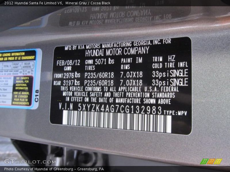 2012 Santa Fe Limited V6 Mineral Gray Color Code IM